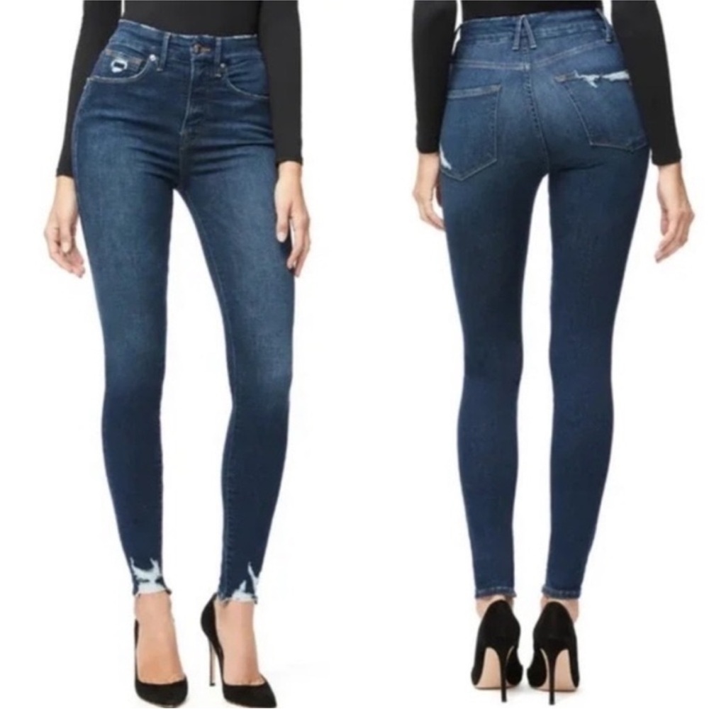 Good American GOOD Good Waist High Rise Raw Hem Ankle Skinny Jeans / Blue 309